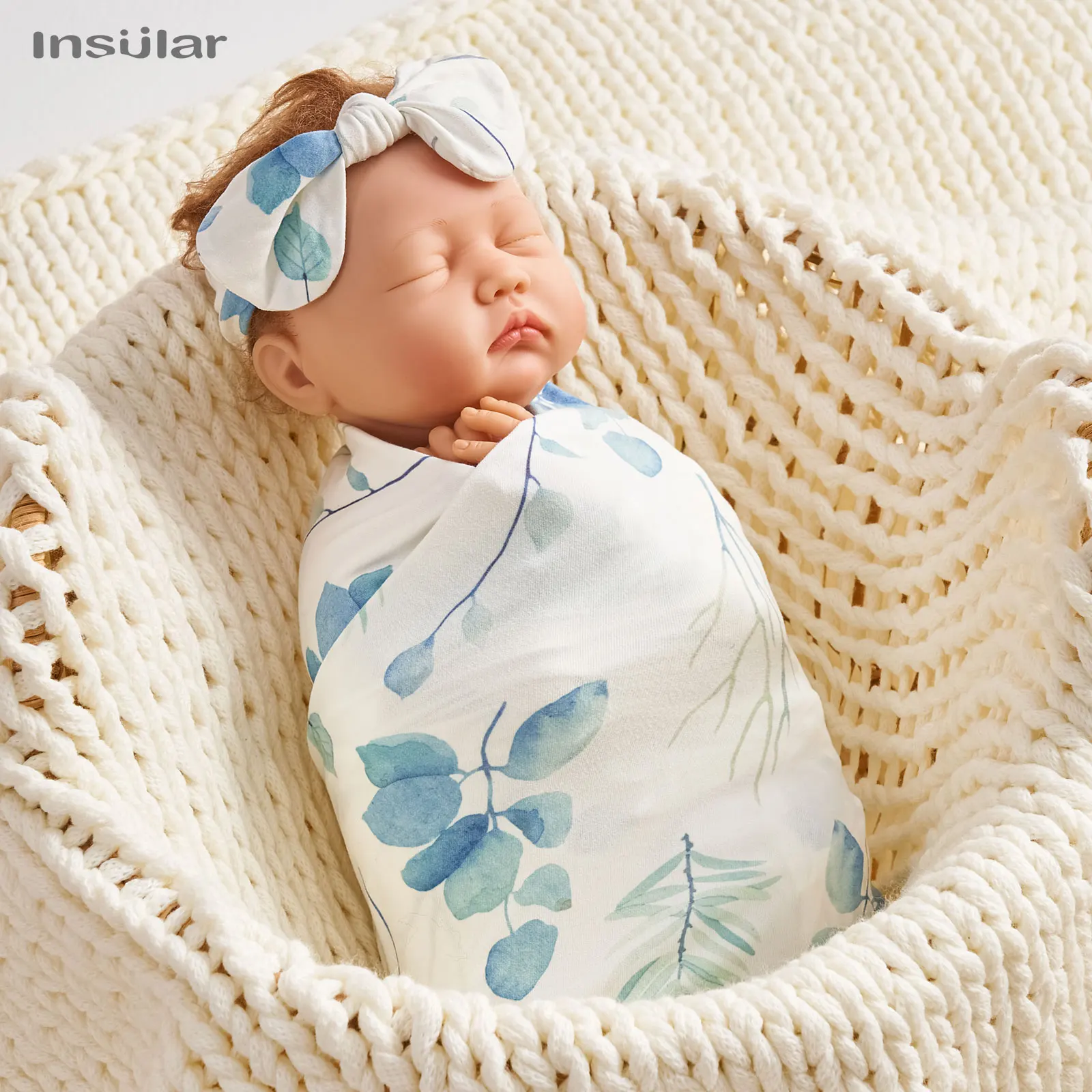 

INSULAR 80x80cm 3Pcs Baby Swaddle Set Soft Swaddle Wrap Blanket with Hat Headband, Newborn Infant Quilt for Boys Girls