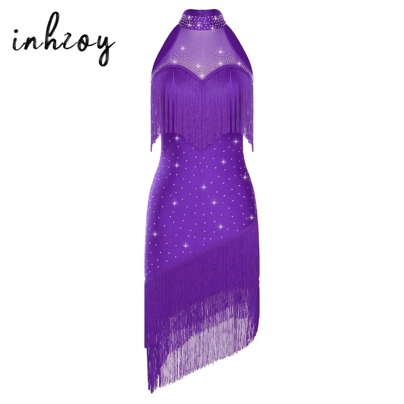 

Women Latin Tango Belly Dance Dress Rhinestones Halter Sleeveless Tassel Fringe Dress for Dance Classes Competitions Performance