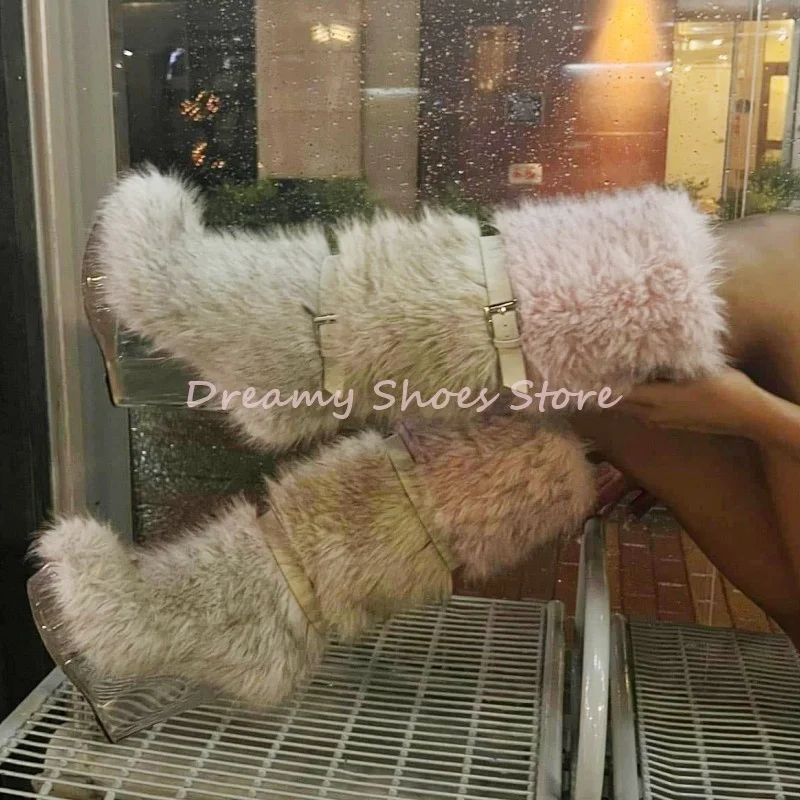 

White Fur Platform Wedges Knee High Boots Women Belt Buckle Transparent Heel Slip On Boots Sweet Fashion Warm Party Banquet Shoe