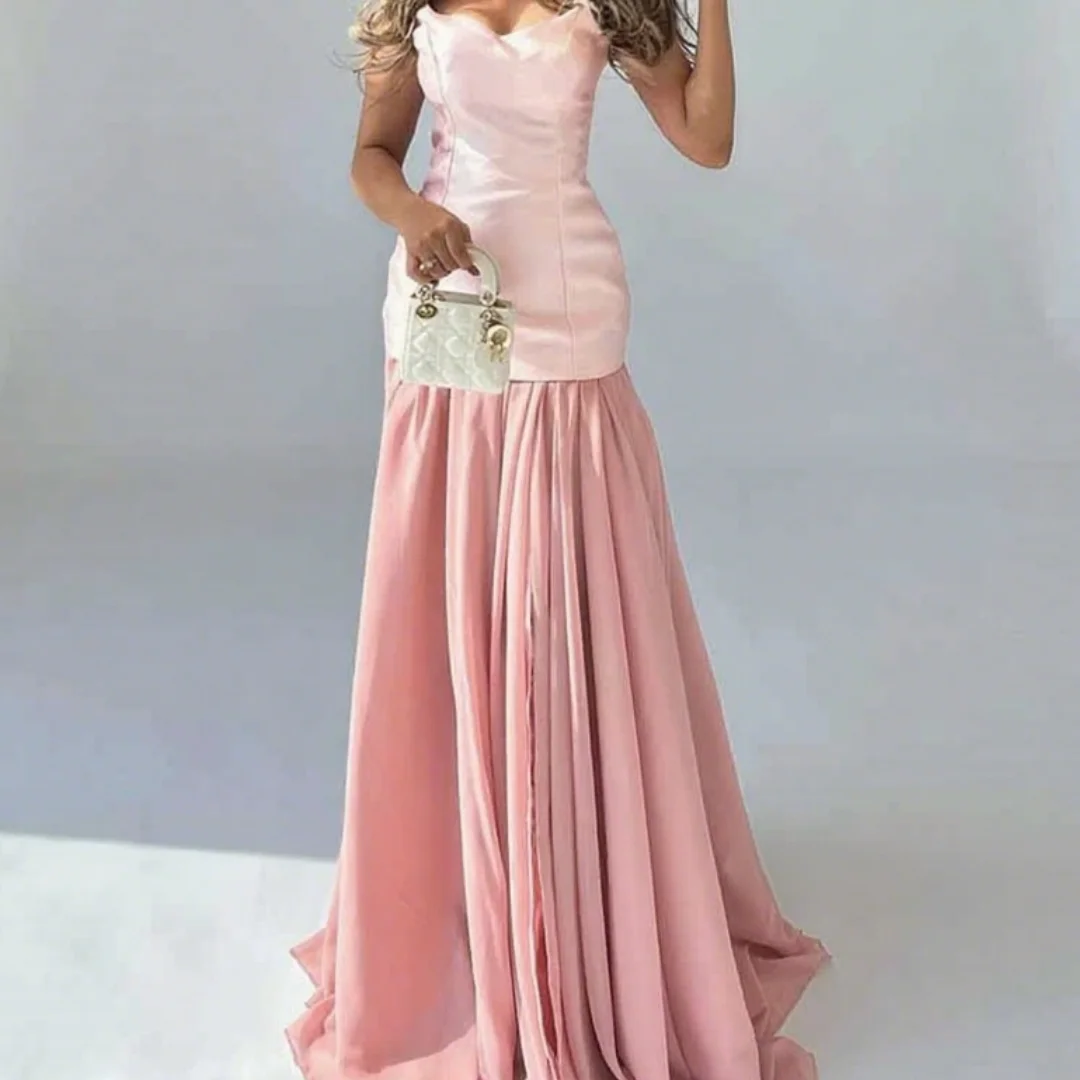 Vestido de noche de satén y gasa con vaina/columna, vestidos de fiesta de ensueño para damas, vestido rosa sin tirantes fruncido para eventos especiales