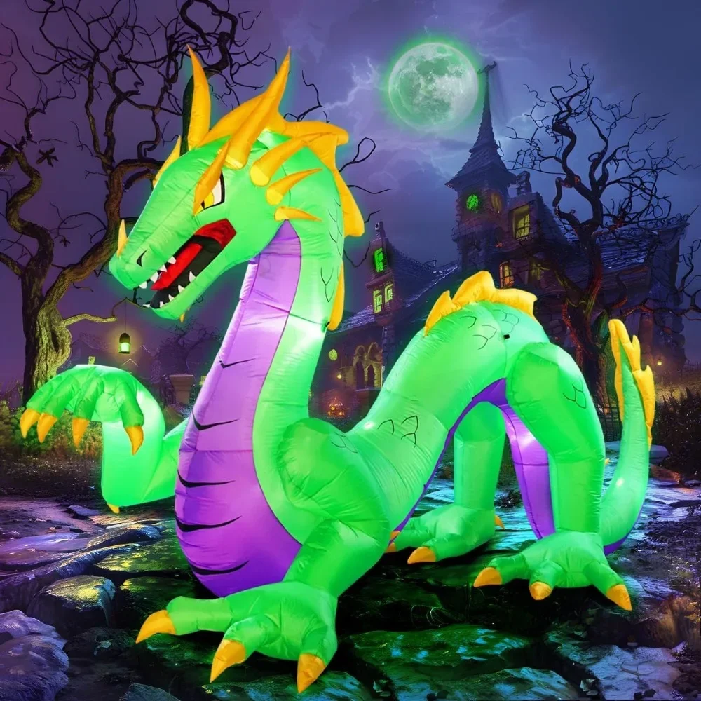 

14FT Length Giant Green Halloween Inflatable Dragon, Blow Up Dragon Outdoor Halloween Inflatables Decorations Built-in 9 Bright