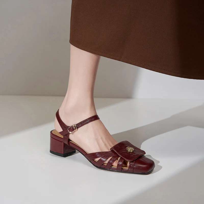 2026new summer women sandals natural leather 22-25cm soft sheepskin+pigskin hollow out back-buckle high heel women shoes fashion