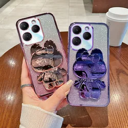 Hot 40 Case For Infinix Hot 40 Hot 40 Pro Luxury Gradient Glitter Makeup Mirror Rabbit Folding Stand Soft Silicone Back Cover