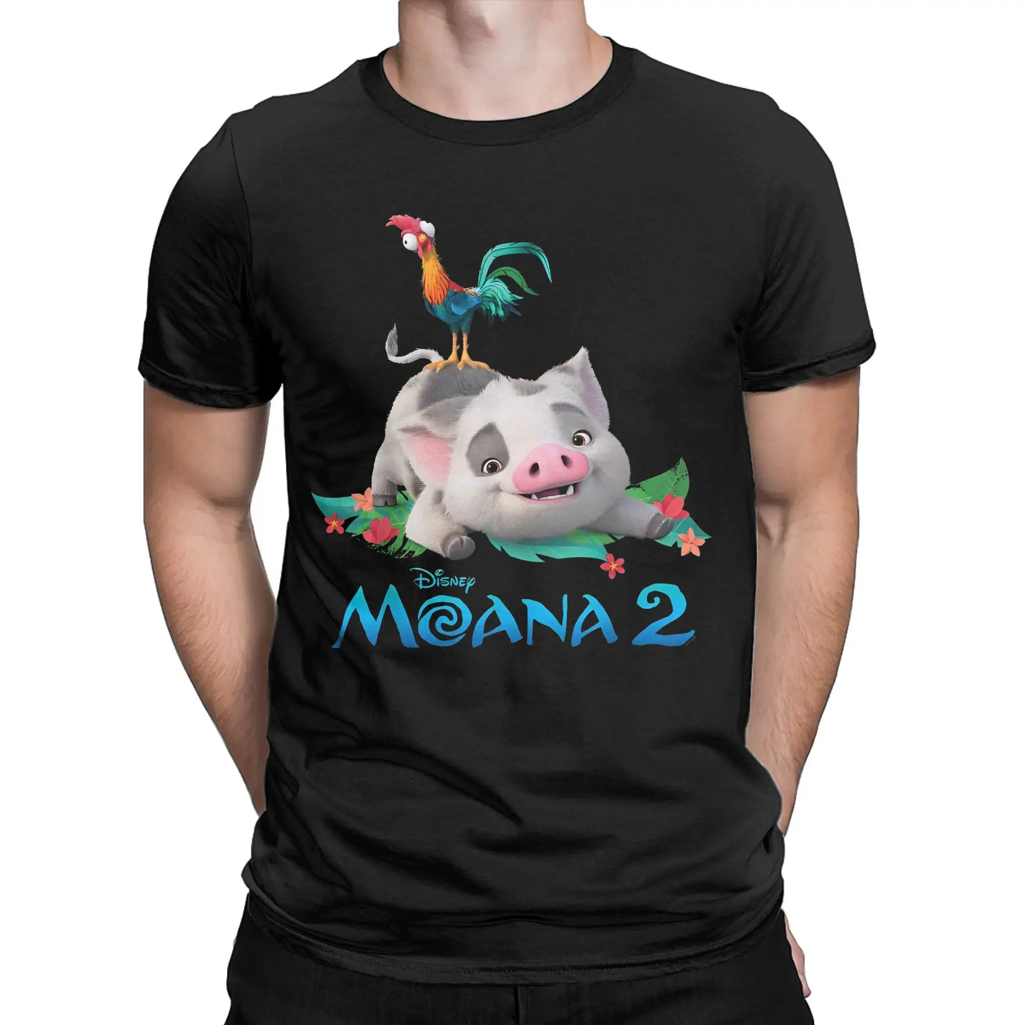 Moana 2 Pua and Heihei Movie T-Shirt Men Princess Cartoon Hipster Cotton Tees Crewneck Short Sleeve T Shirts Big Size Clothing