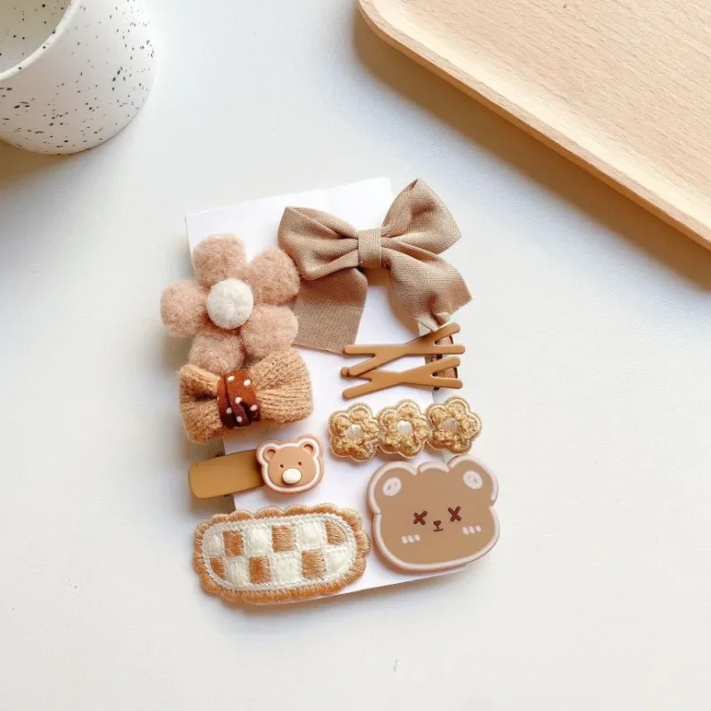 9pcs/set Plush Cute Cartoon Kids Girl Hair Clip Sweet Chic Beige Coffee Color Children\'s Hair Pin Little Girl Har Accessories