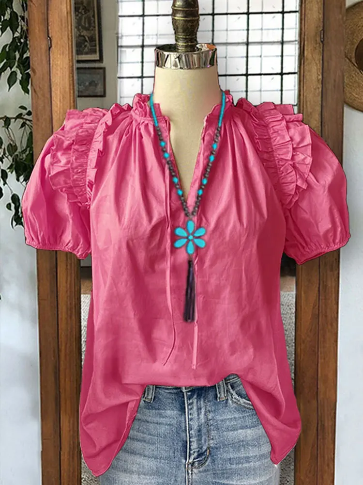 Blusa de gasa para mujer con cuello en V y manga abombada con volantes plisados de mezcla de algodón