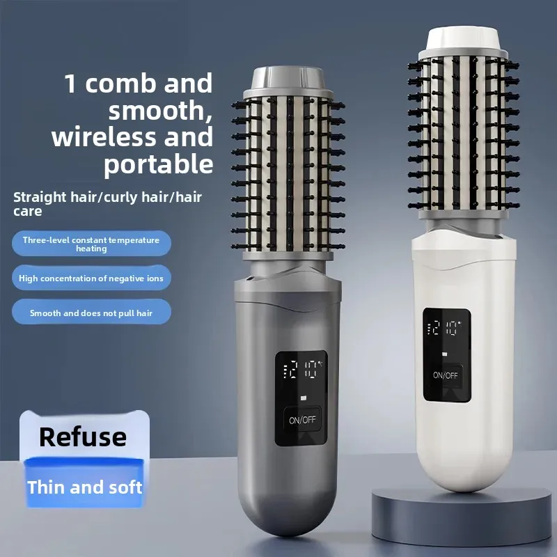 USB Rechargeable Cordless Negative Ion Hair Straightener Brush, Portable 2-in-1 Straightener Curler, Damage-Free Travel Styling