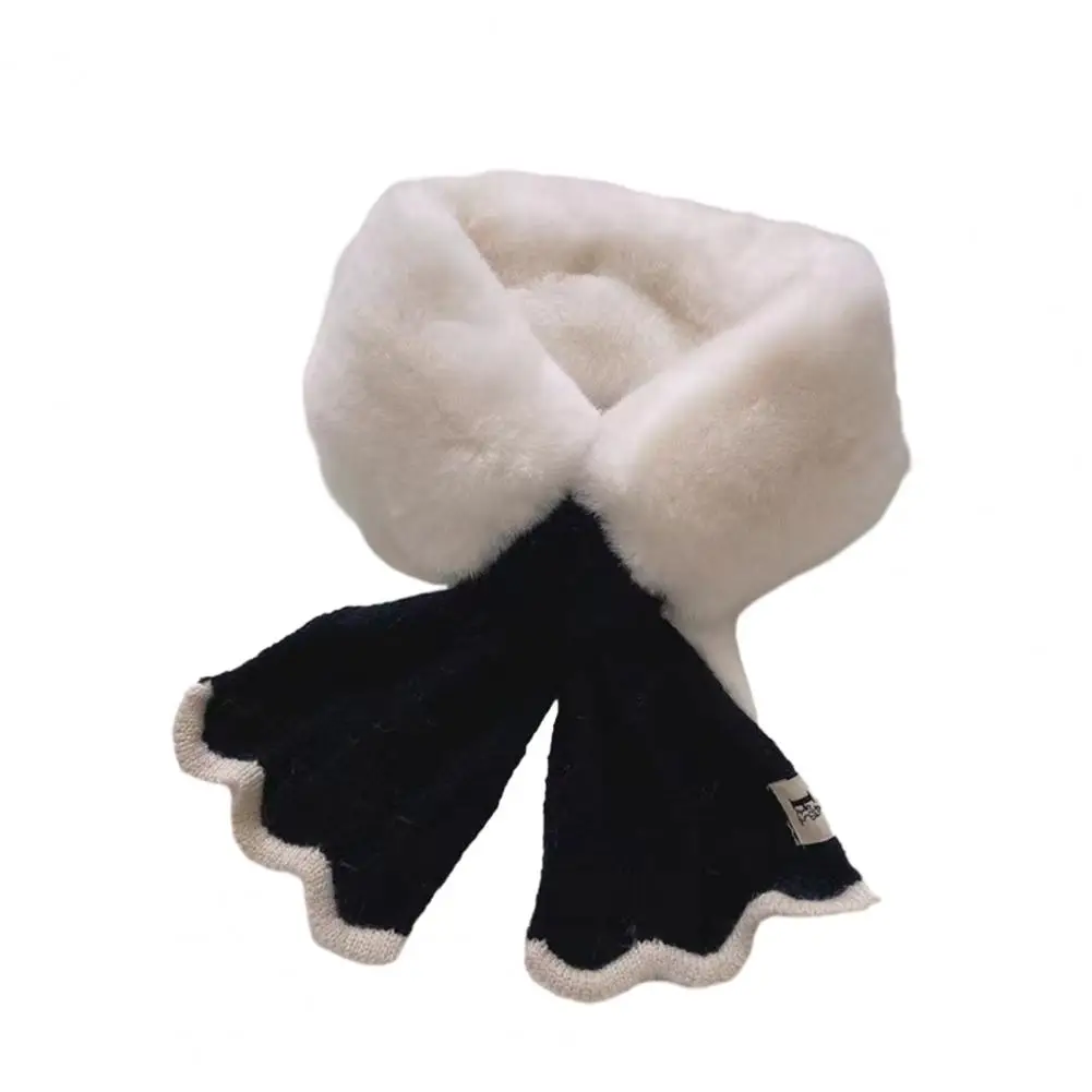 Women Cross Scarf Fall Winter Faux Rabbit Fur Knit Fish Tale Splicing Soft Thickened Warm Windproof Cold Weather Girls Neck Wrap