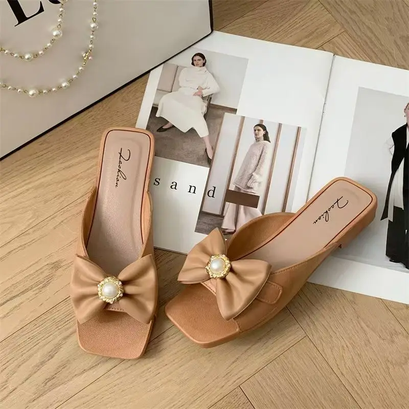 

Women Low Heel Bow Knot One Word Slippers Summer New Soft sole Non Slip Fashionable Outdoor Beach Slippers Sandals Home Slippers
