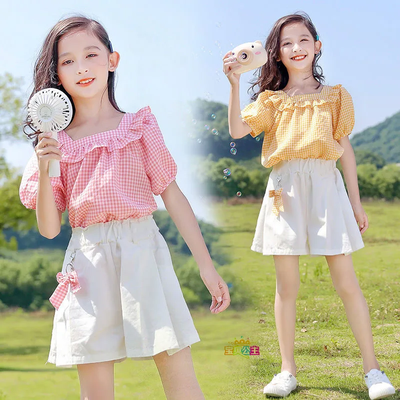 

Children Sets Girls Teenage Girls Short-sleeved Suit Loose Short-sleeved Plaid T-shirt + Bow Shorts 2-piece Set for Outer Wear