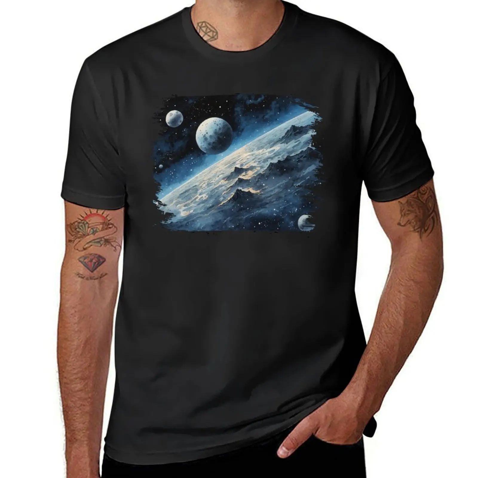 Ukiyo-e japanese Blue monochrome ink painting of Space Galaxy and planets T-Shirt boys whites mens white t shirts