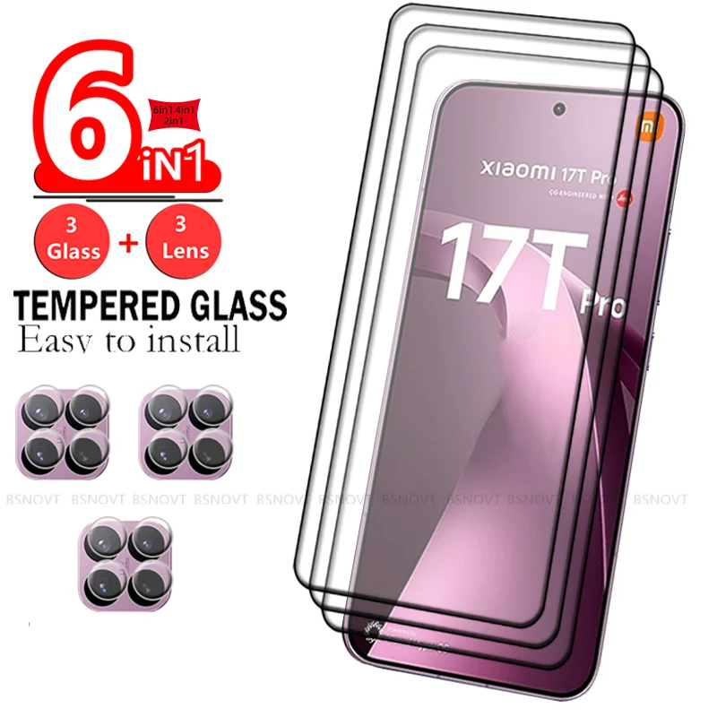 Protetor de Tela de Vidro Temperado 2/4/6 em 1 para Xiaomi 17T Pro, Cobertura Total com Cola, HD 9H, e Película de Lente para Xiaomi 17T Pro
