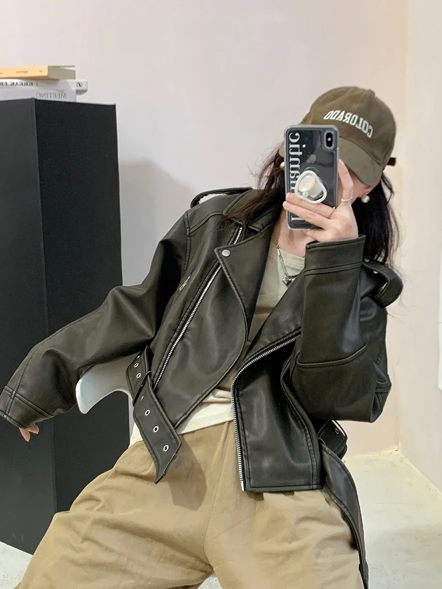 Cappotto da motociclista vintage da donna in pelle Jaet PU ort Waed Color sbiadito American Retro Sle Spring New Faion Loose Fit