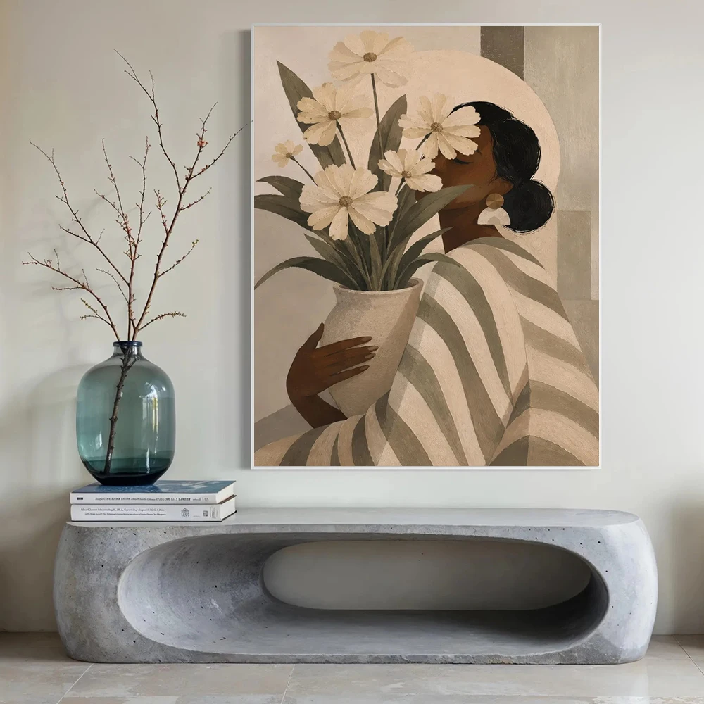Boho Abstract Woman Canvas Painting Wall Art Neutral Earth Tone African American Female Figure Poster Print For Living Room