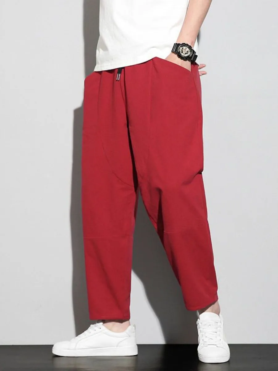 Summer Red Loose Casual Cotton Linen Men's Pants Nine Points Harmonious Match Large Size Harlan Pants Ethnic Style Universal