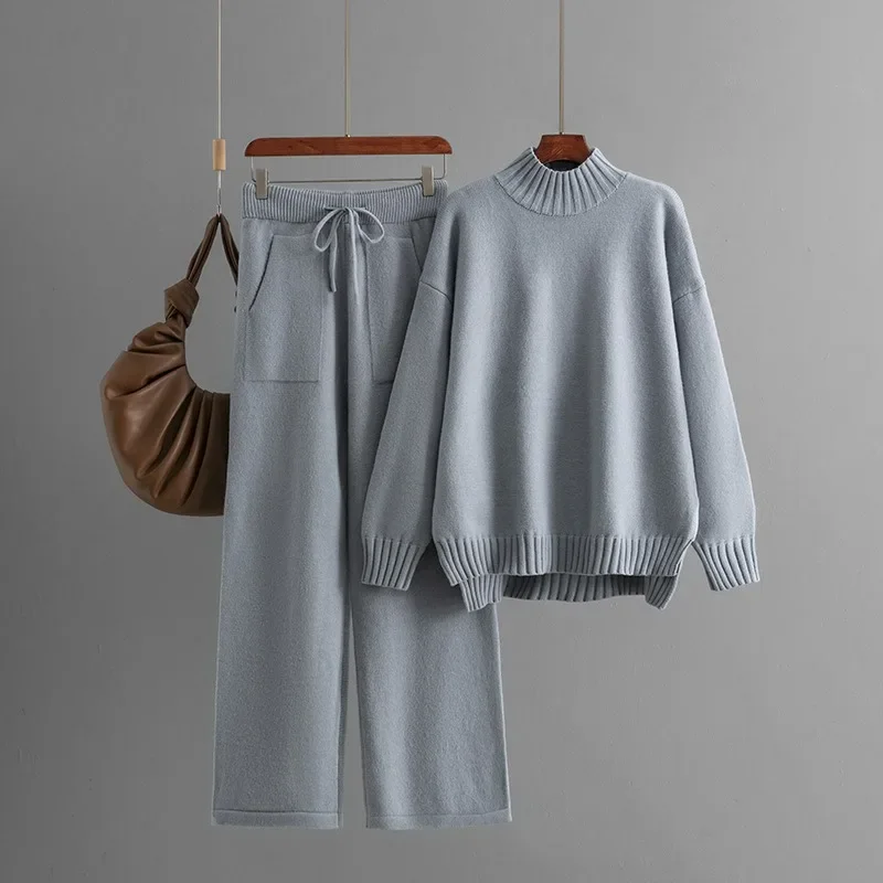 New Winter Knit pants suit Women Thickened Loose turtleneck Long-sleeved Sweater Straight pants Fashion Two-piece Set for Women