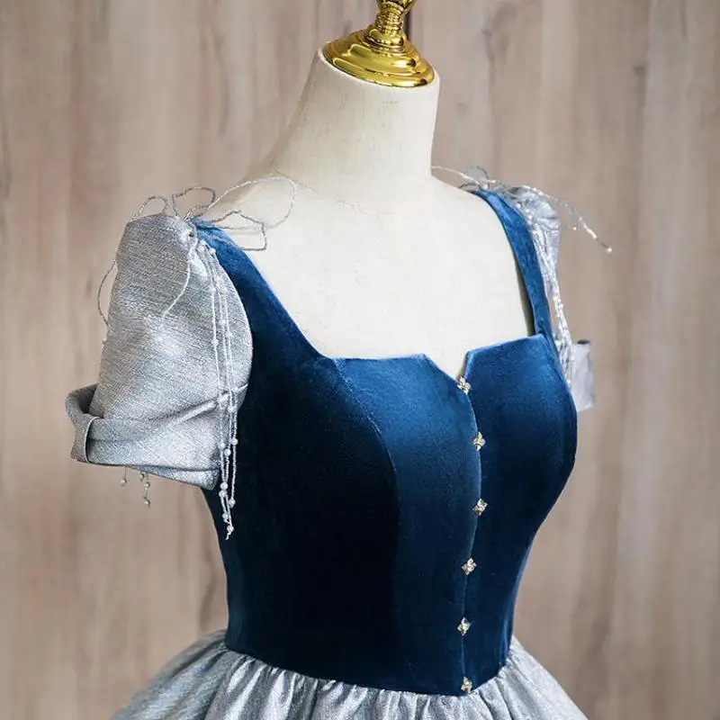 Blaue Prinzessin Quince anera Kleid mit kurzen Ärmeln einfache Vintage boden lange Abschluss kleider neue Satin elegante Ballkleider