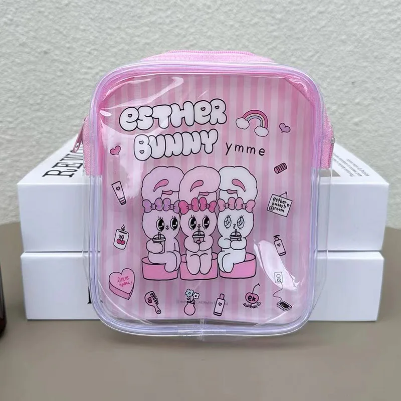 

Cute Esther Bunny Transparent Makeup Bag Pink Stripes Pvc Cosmetics Storage Bag Go Out Travel Portable Toiletry Bag Friend Gift