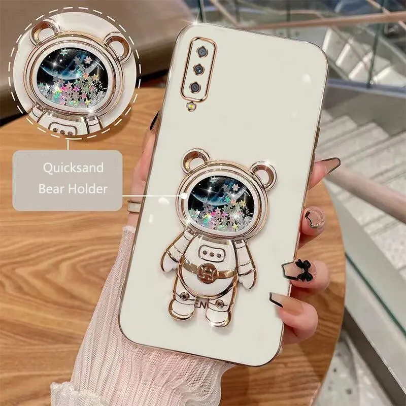 Phone Case For Samsung Galaxy A750 Galaxy A7 2018 Soft Silicone Luxury Plating Cartoon Bear Fold Stand Phone Case Cover