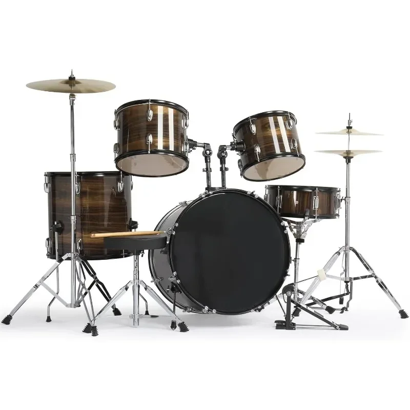 

5-piece Adult Drum Set Full Size Drum Kit with Drumsticks Pedal Stool Floor Tom Beginners Teenagers Students