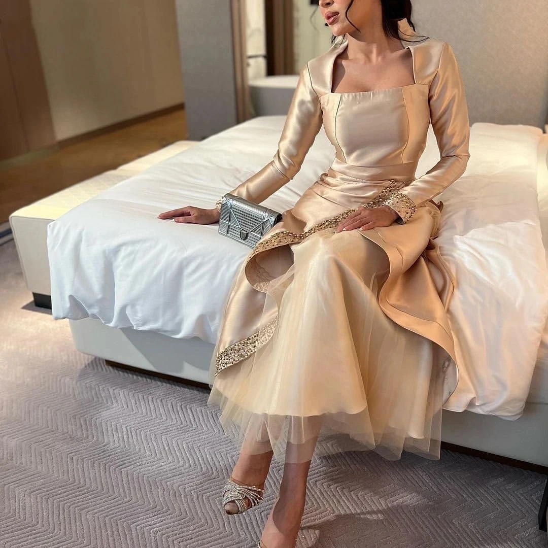 Elegant vintage Champagne A-line satin square neck long sleeve with beaded lining tulle Formal occasion party ball evening dress