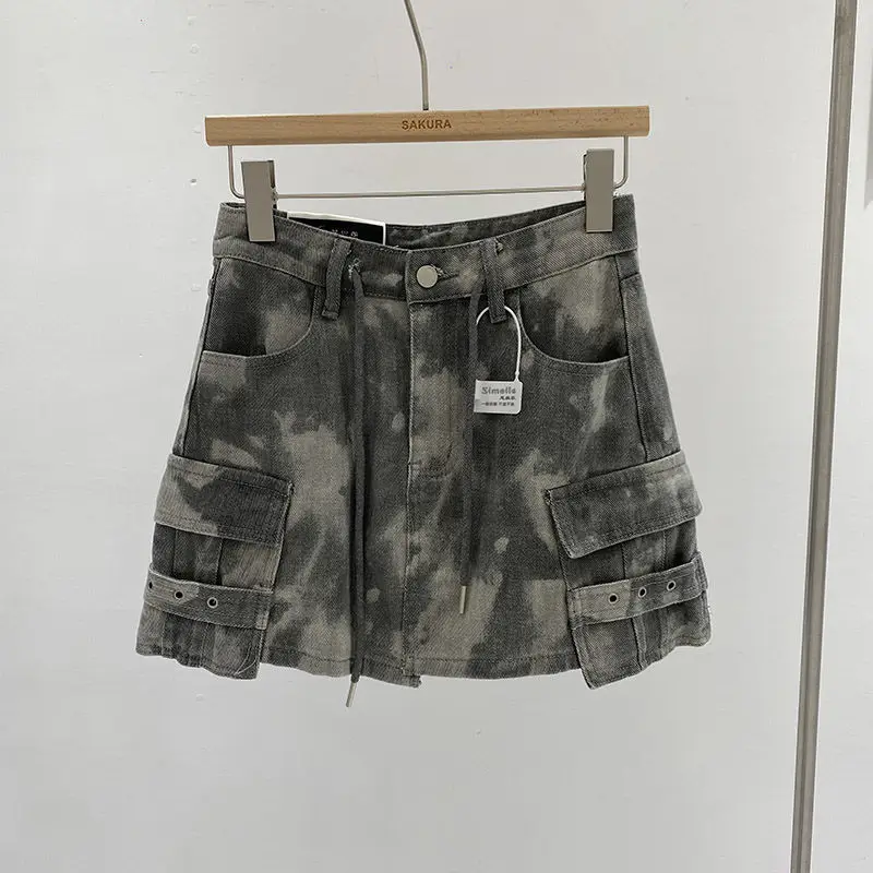 Women Streetwear Korean 2024 Camouflage  High Waist Mini Skirt With Belts Short Culotte Big Pocket  A-line Cargo Skirts Clothes