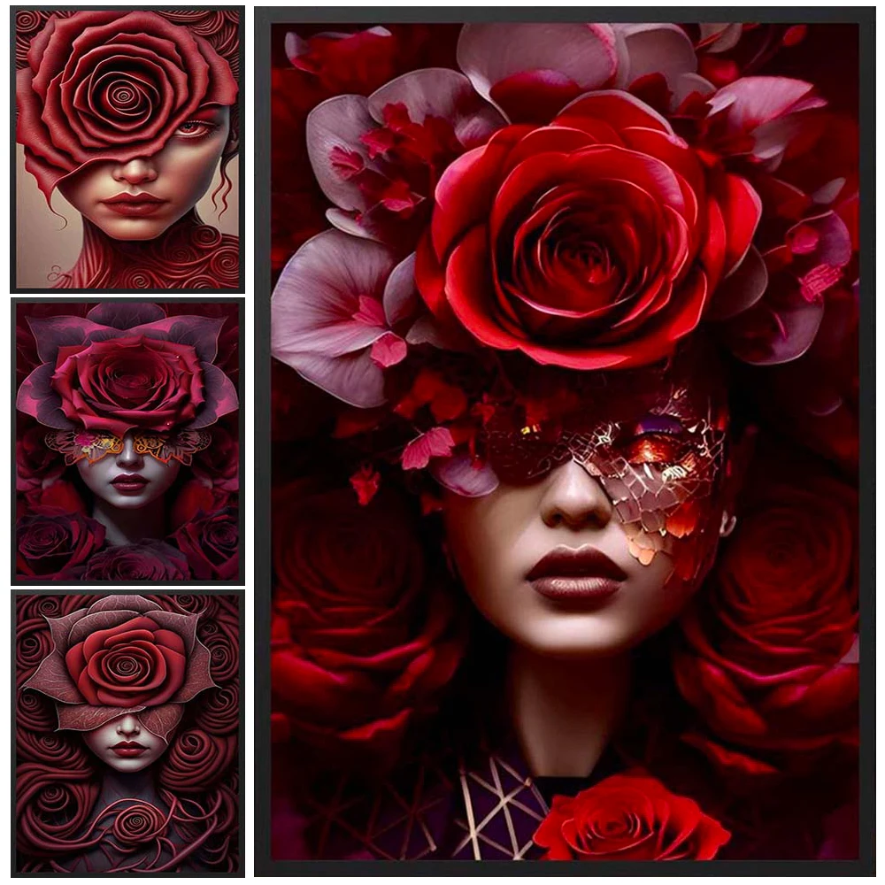 

Girl Portrait Modern Woman with Rose Flower Poster Wall Art Canvas Painting Home Decor Wall Pictures For Living Room Unframed