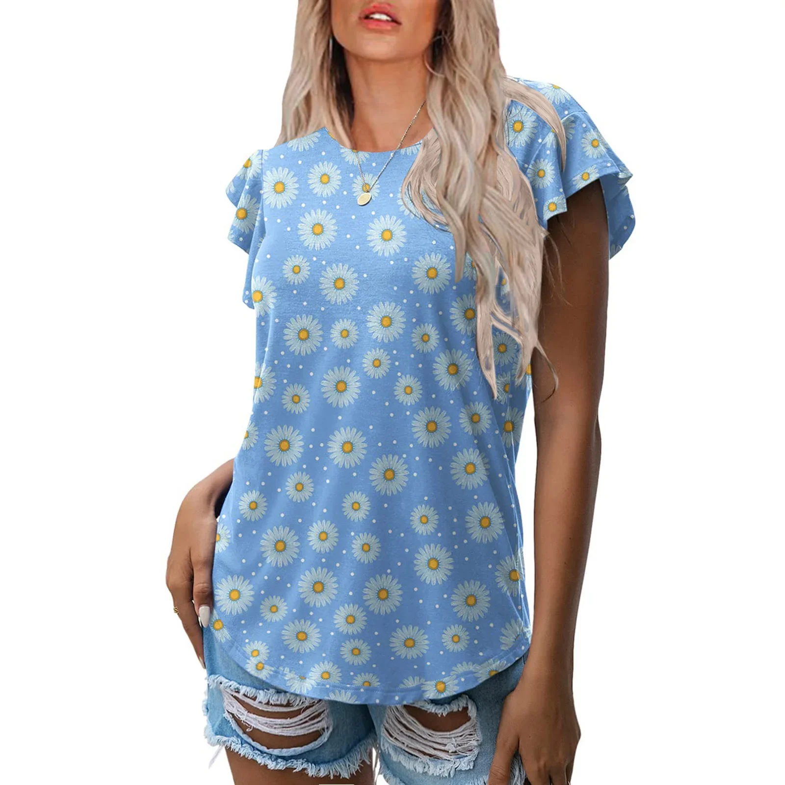 

Women's Ruffled Short Sleeve Print T-shirt