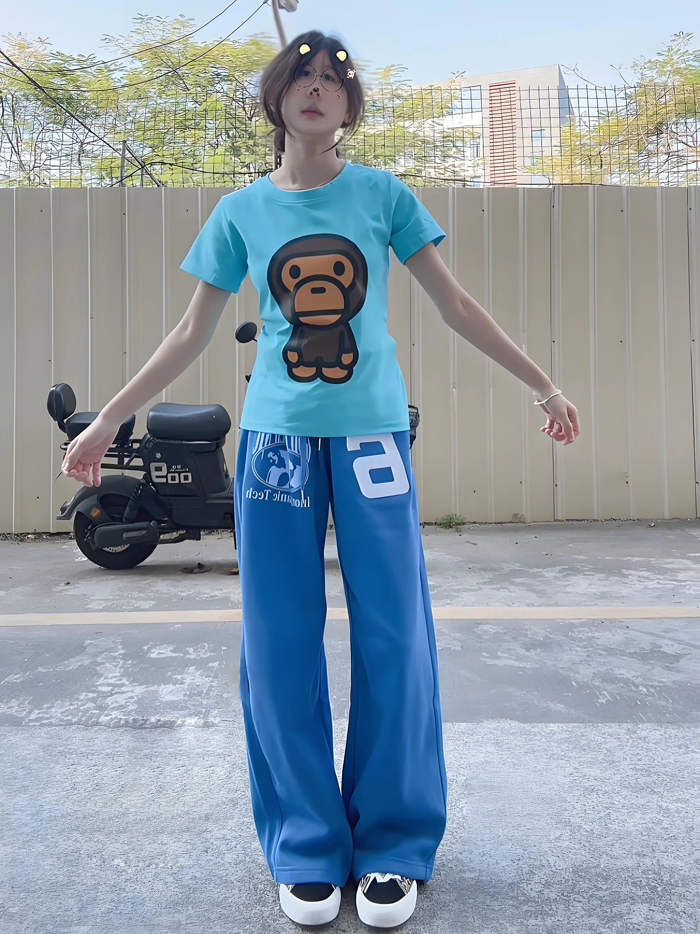 

Loose Wide Leg American Sport Pants Men's Blue Print Lazy Straight Casual Trousers Spring Autumn Comfortable Loose Fit