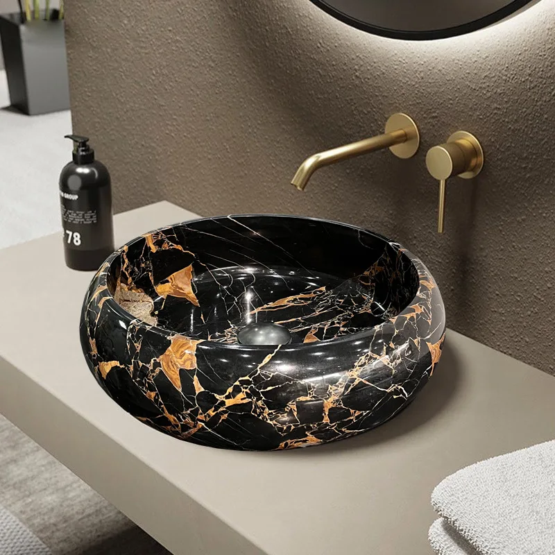 Umywalka łazienkowa z naturalnego marmuru Portoro, najnowszy design, polerowany kamień, okrągła, czarna marmurowa umywalka.
