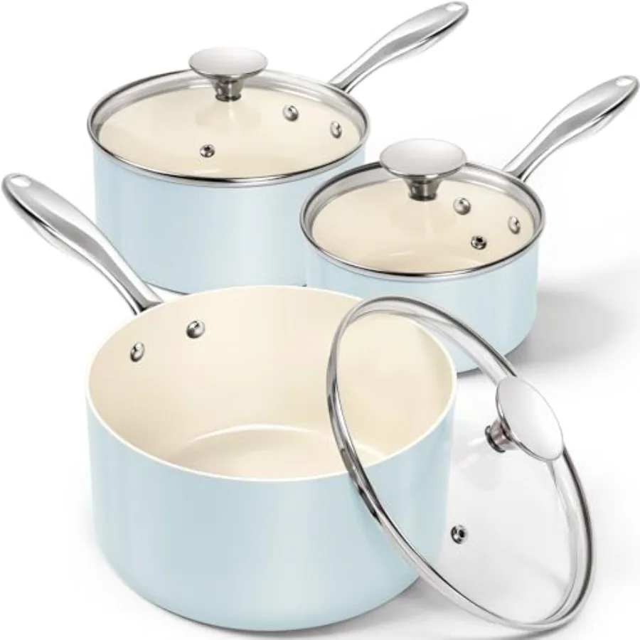 

Sauce Pan wit Lid Non Stick Sauan t of 3-1Qt and 2Qt and 3Qt Small Pots for Cooking Ceramic Sauan - Non-Toxic Scratc-Resistant