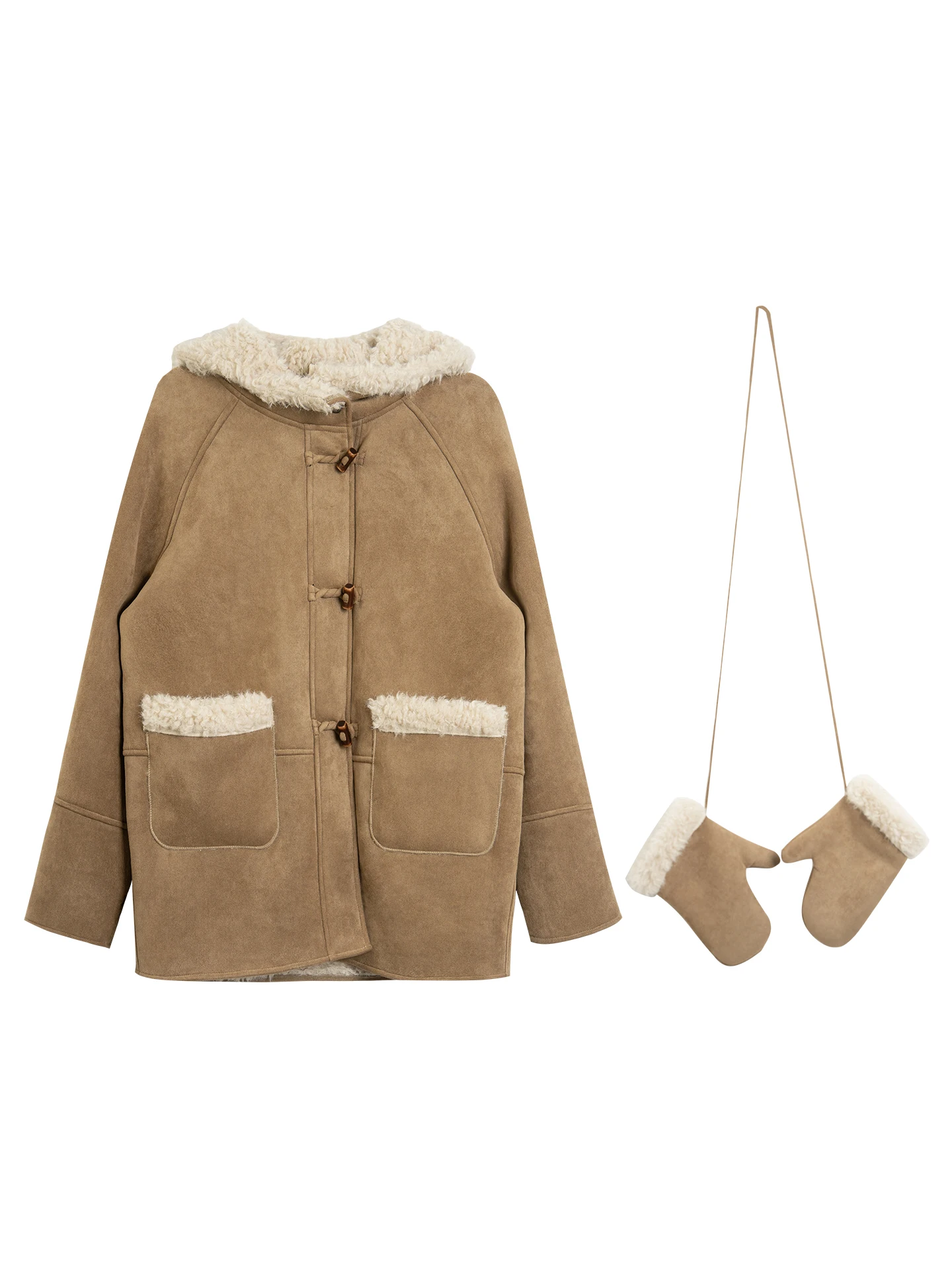 Kurtka damska zimowa z kapturem, ocieplana, zamszowa, w kolorze khaki, z barankiem, w odcieniach brązu i kawy, w stylu vintage.
