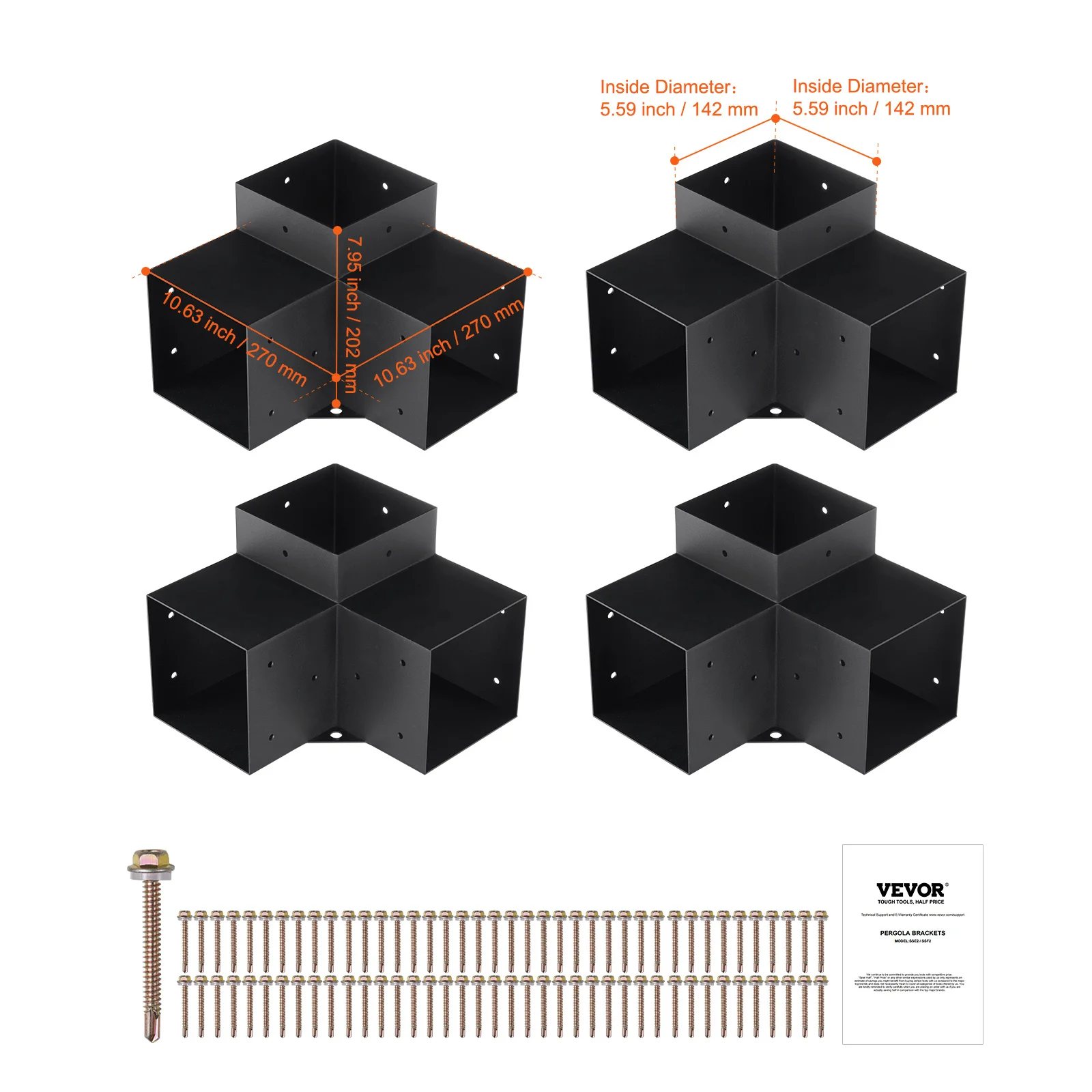 Pergola Bracket Kit 4''x4'' / 6''x6'', 4pcs 3-Way Heavy Duty Corner Bracket Woodworks DIY Post Base Kit,Easy Installation Wooden