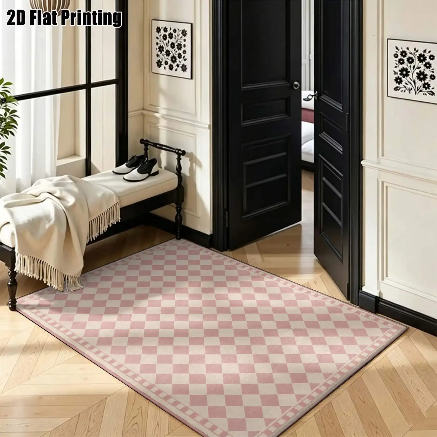 1Pc 2D Printed Pink Diamond Geometric Pattern Nordic-Style Carpet, Instagram-Inspired Modern Minimalist Floor Mat, Multi-Size, Machine-Washable, Ideal for Entrance, Dining Room, Foyer, Bedroom & Living Room Home Decoration