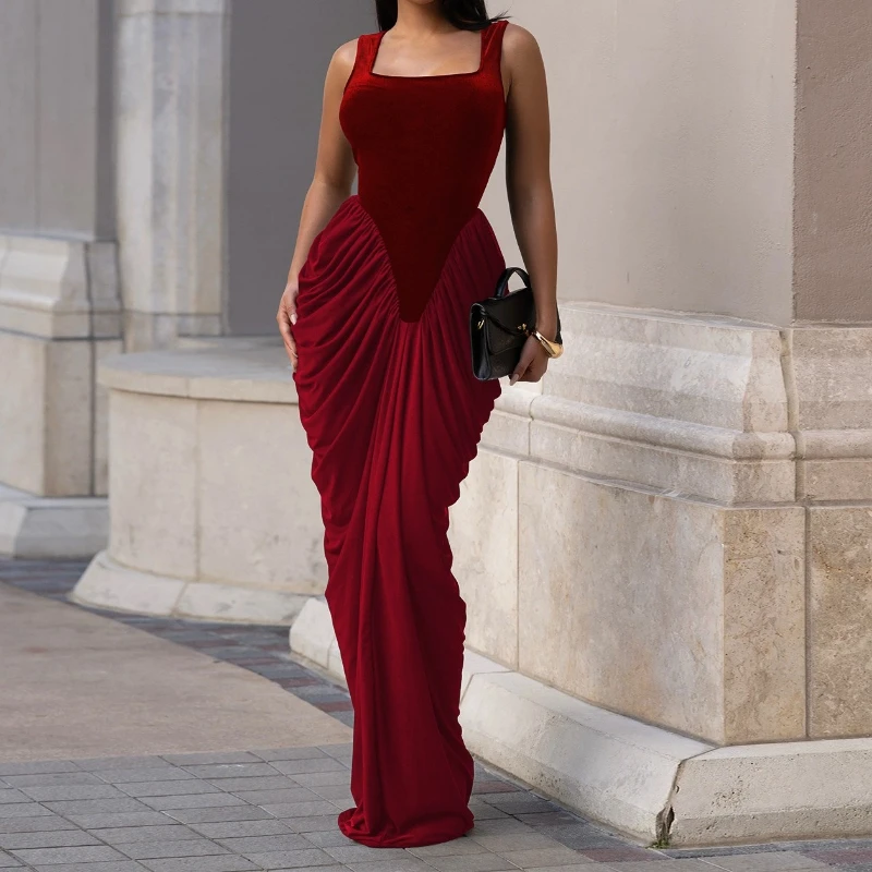 Women Velvet Stacked Ruched Sleeveless Bodycon Long Maxi Dresses 2026 Fall Sexy Party Trendy Birthday Evening Dress Vestidos