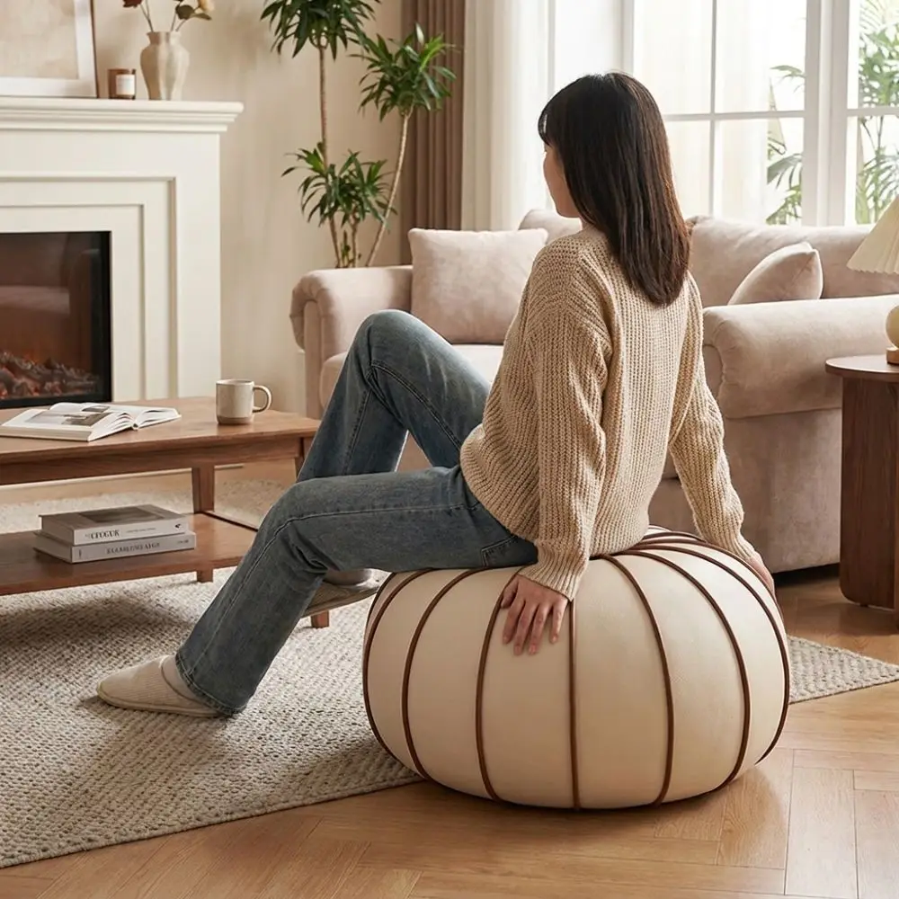 Modern PU Leather Pouf Ottoman Cover Large Capacity Unstuffed Pumpkin Pouf Cover Round Minimalist Shoe Stool Cover Home Use