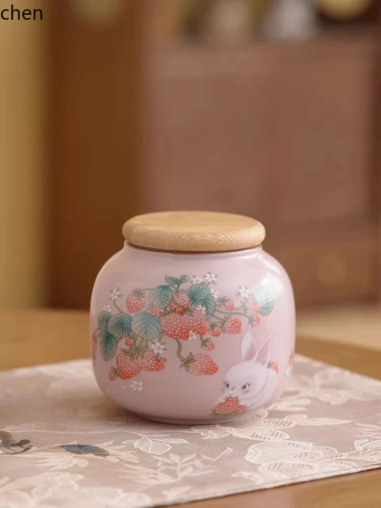 PYH pink ru kiln strawberry rabbit tea can ceramic for home sealed portable storage canned loose tea empty jar