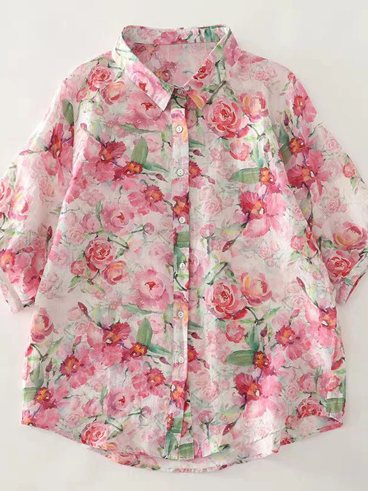 

Elegant Floral Sweet Shirt Women Summer Vintage Pink Print Loose Blouse Casual Cute Short Sleeve Female Single Breasted Tops New