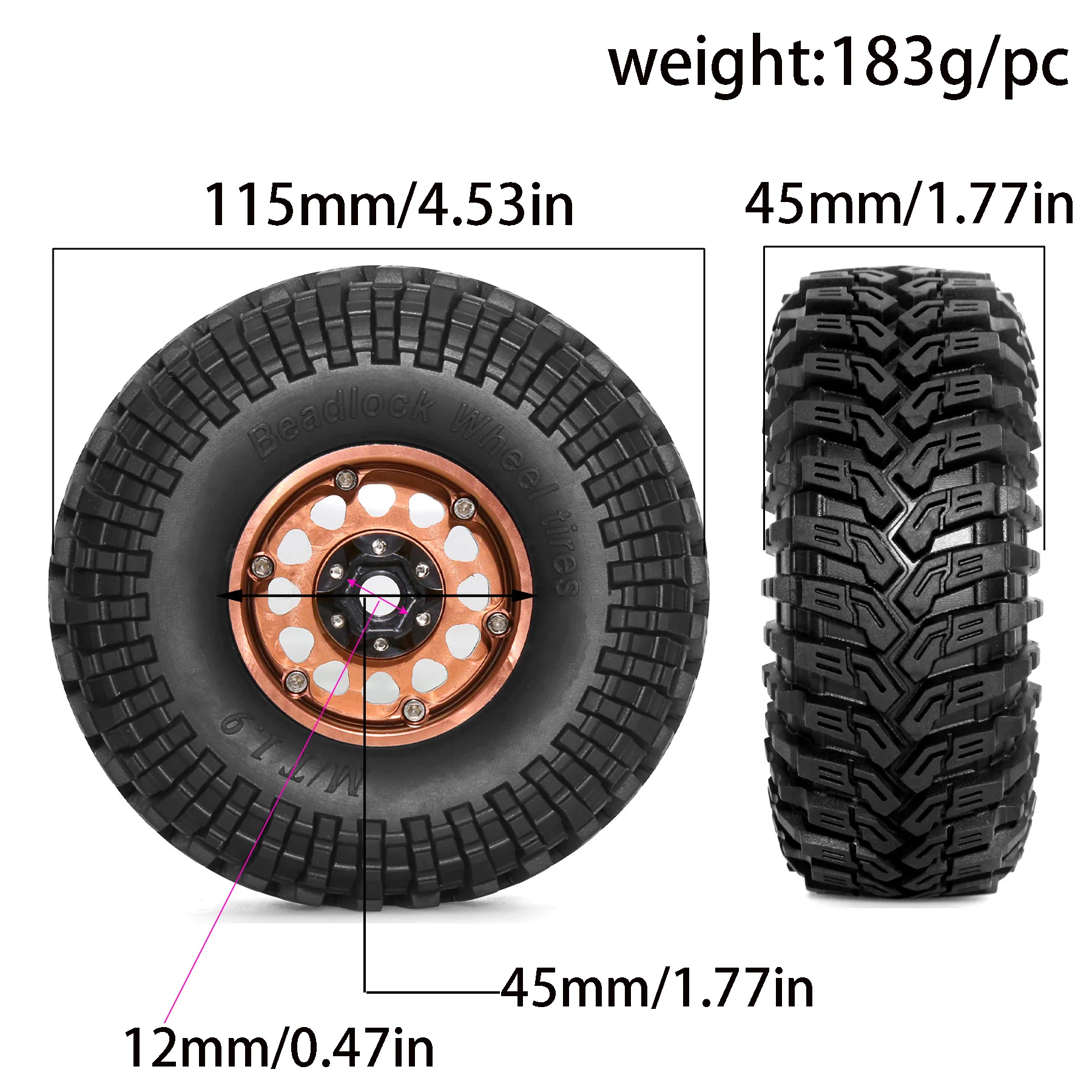 ล้อและยางแบบ Beadlock ขนาด 1.9 นิ้ว 4 ชิ้น ออฟเซ็ตขอบล้อ -8.9 มม. ขนาด OD 4.53 นิ้ว สำหรับรถบังคับวิทยุ 1/10 RC Crawler รุ่น TRX4 TRX6 SCX10 90046 CC01 D90 D110
