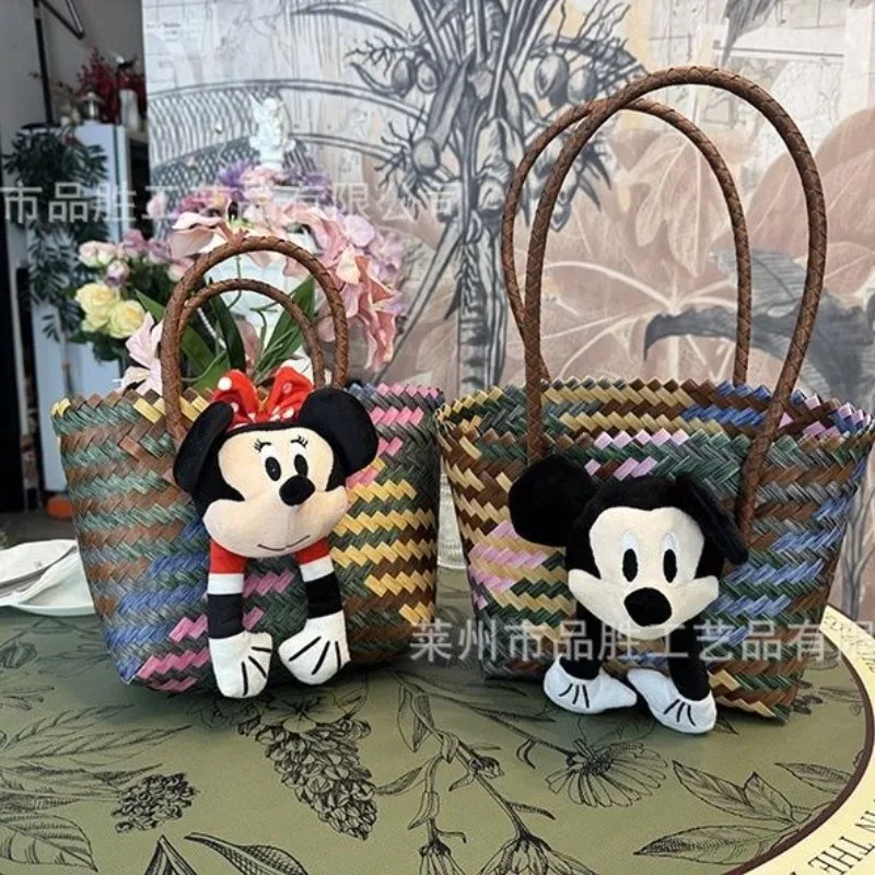 Hand-woven basket Mickey Minnie cartoon Kawai Tot new large capacity one-shoulder fashion vegetable basket bag handbag wholesale