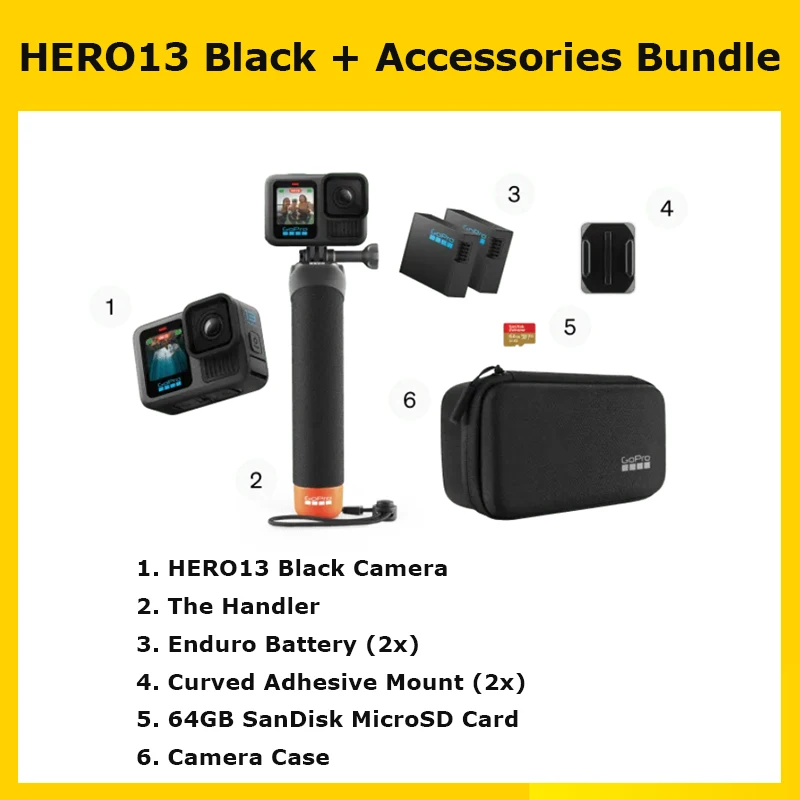 GoPro HERO13 Black + Accessories Bundle: Waterproof Action Camera  with Two Enduro Battery +The Handler +64GB Card +Camera Case