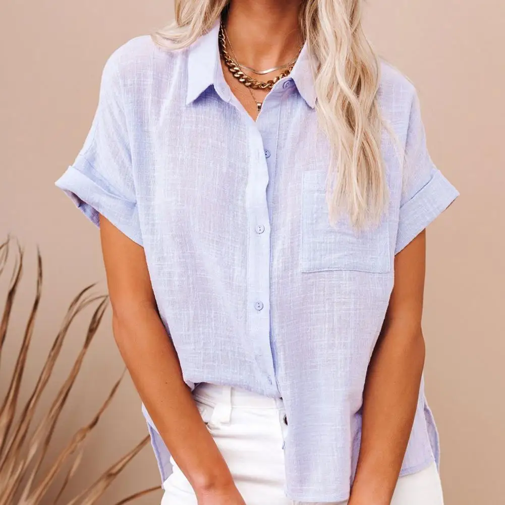 Women Top Solid Color Side Slit Summer Popular Thin Texture Loose Female Shirt Single Breasted Short-sleeved Ladies Shirts