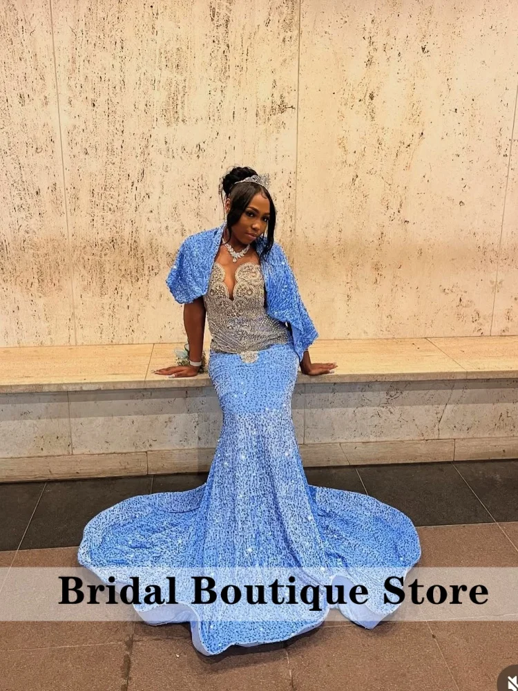 

Glitter Sky Blue Sequined Mermaid Prom Dress With Shawl Rhinestone Long Train Formal Party Gown Evening Gown Customized