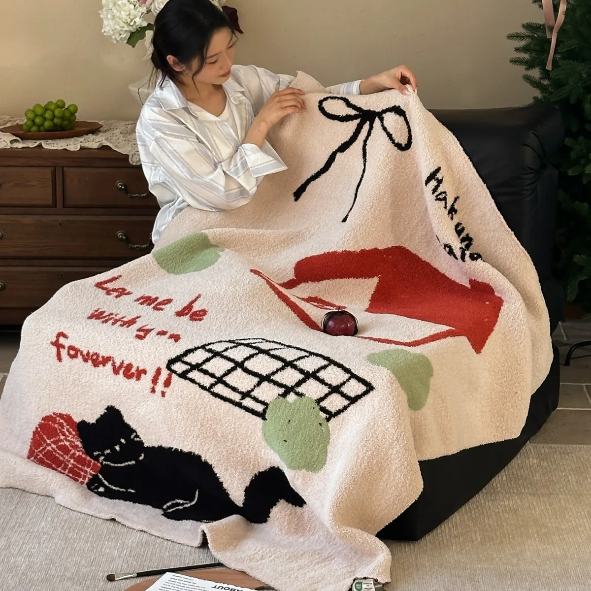 Class A Half Fleece Knit Blanket Cute Cartoon Print Polyester Soft Cozy Sofa Office Nap Throw Home Decor Warm 120x160cm