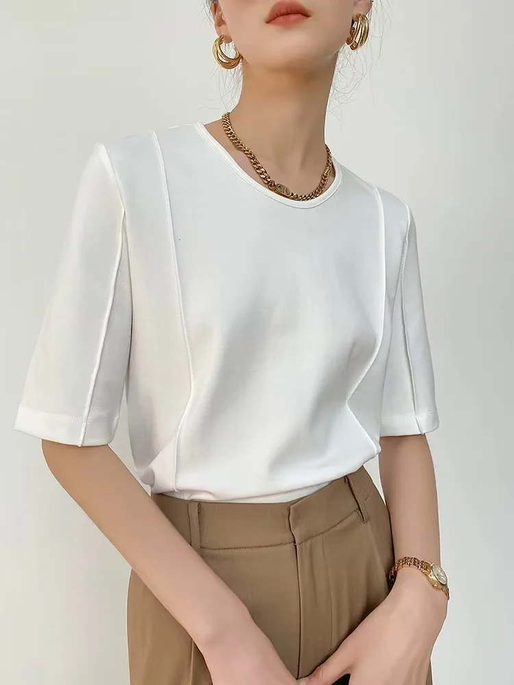 Summer New Basic Style Slim Fit Fishbone Line Large V Neck Short Sleeve Simple Versatile T Shirt Casual round Neck Top for Women