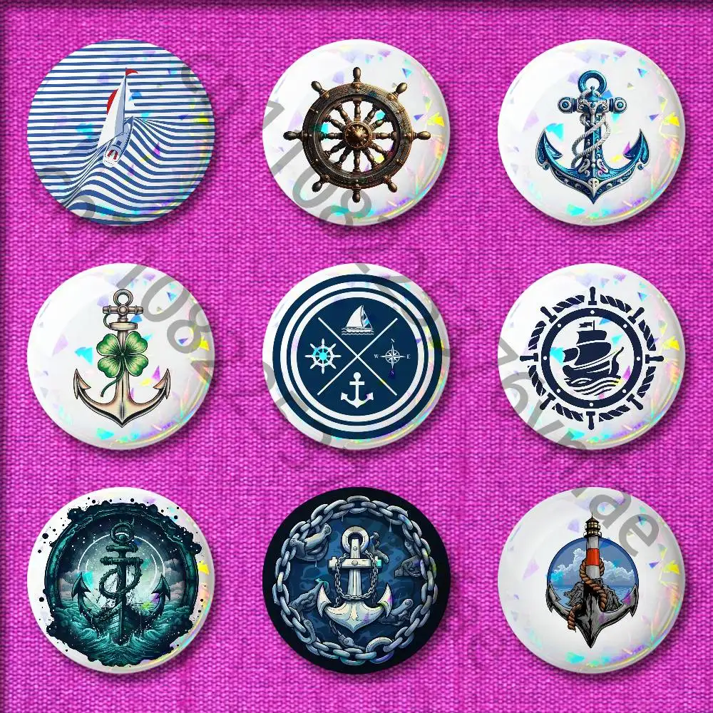 

Anchor Boat Ship Wheel Compass Logo Badge For 75mm 25mm 44mm 32mm 58mm Round Pin Brooch Insignia Shell Adornment
