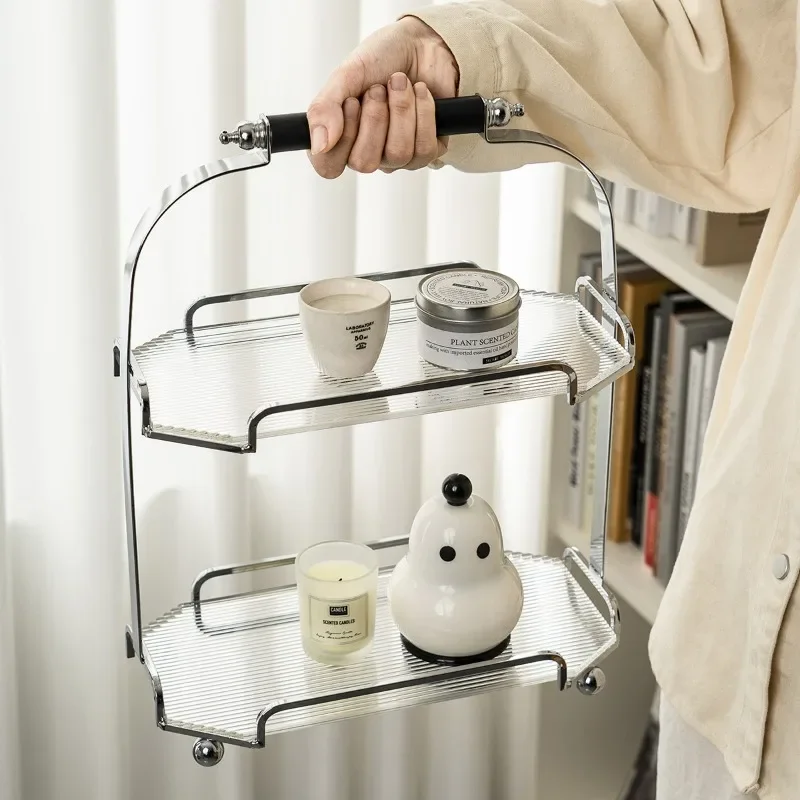 Portable 2-Layer Cosmetic Organizer, Stainless Steel & Acrylic Bathroom Shelf with Handle, Makeup Vanity Storage Display Rack