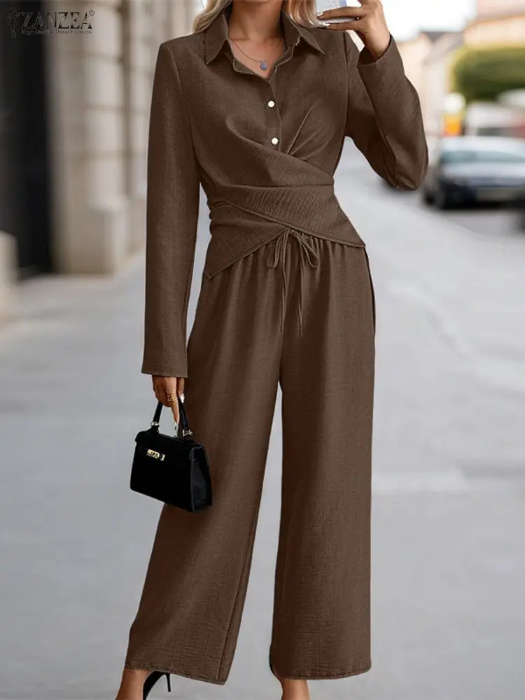 

ZANZEA Стильные женские комплекты из двух предметов с брюками Шикарные длинные рубашки с перекрестными разрезами и широкие брюки Костюмы Уличная одежда с морщинистой текстурой