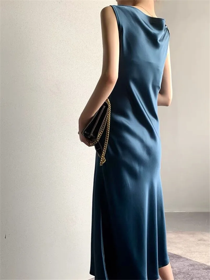 New Summer Swinging Neck Solid Satin Party Dress donna Vintage senza maniche Tank abito lungo primavera allentato a-line Dress 2024 Vestido