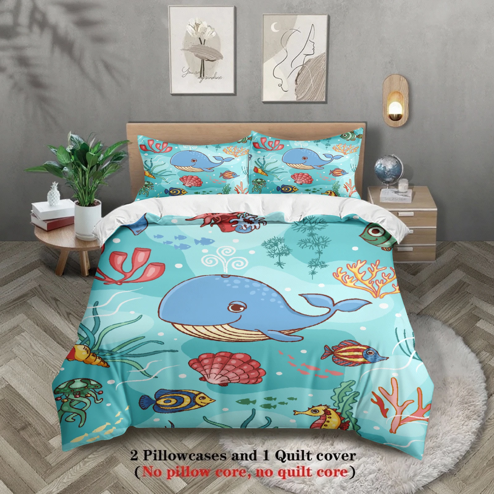 

Комплекты постельного белья с 3D-принтом морских животных (3 шт.): кит, рыба, коралл. Для общежитий, студентов и детей. Пододеяльники с наволочками, без наполнителя.
